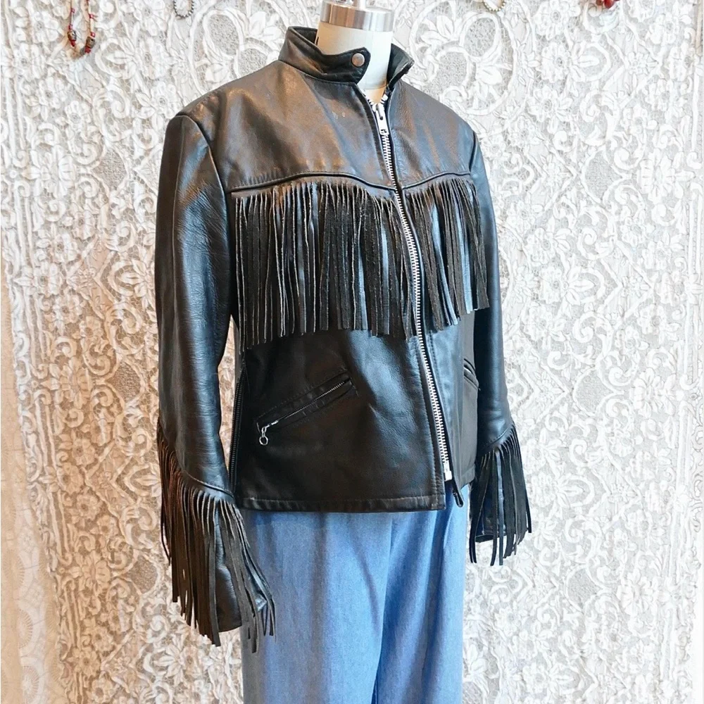 Vintage Black Fringe Leather Jacket - Picture 3 of 7